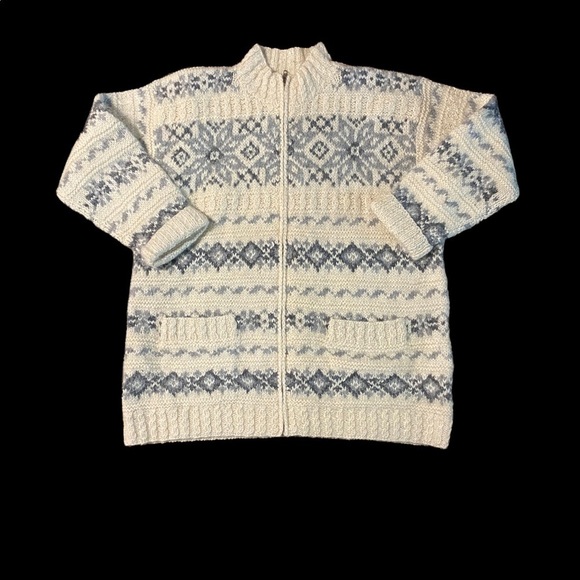 Vintage Hand Knit Jones NY Wool Cardigan Sweater PL Cream Blue  Zip Pockets - Picture 8 of 9